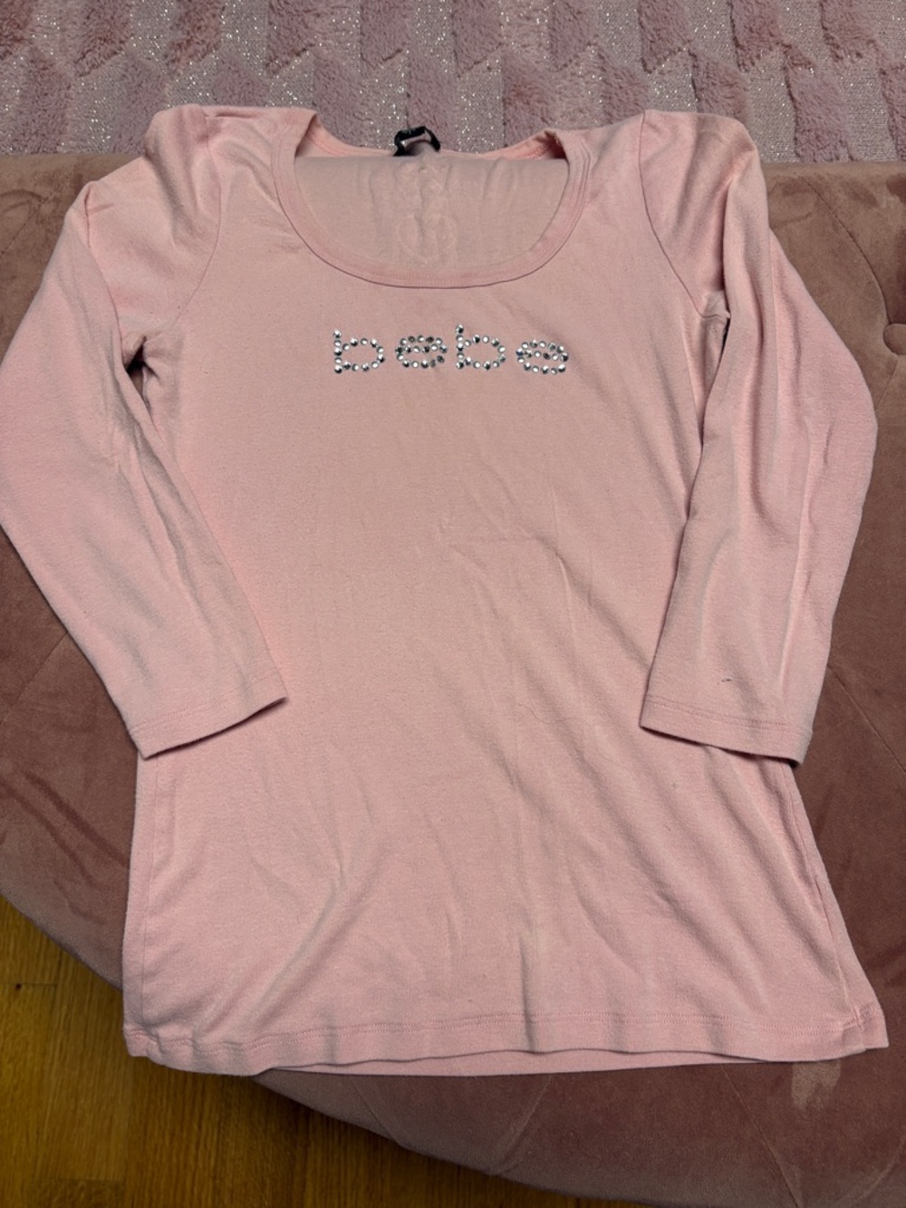 bebe Light Pink Crystal Logo Scoop Neck Long Sleeve Top